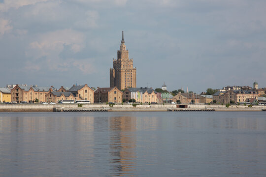 Latvia, Riga, River Daugava with city waterfront in background