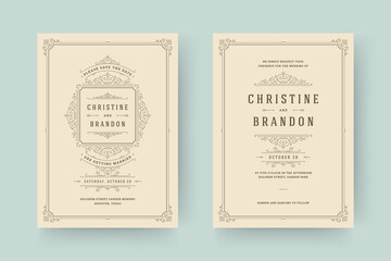 Wedding invitation and save the date cards flourishes ornaments vignette swirls.