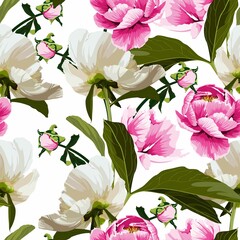 Seamless floral pattern, pink, white peony flowers on a white background. Design for wallpaper, fabric, wrapping paper, cover and more. 