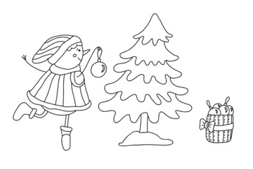 Girl snowman decorating Christmas tree. Doodle hand drawn illustration isolated on white. Black outline. Great for New Year and Christmas design and coloring books.