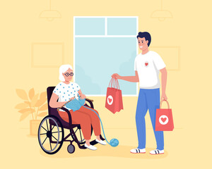 Obraz na płótnie Canvas Charity for elderly flat color vector illustration. Volunteer visititing disabled senior woman. Grandmother with social service worker 2D cartoon characters with nursery home interior on background