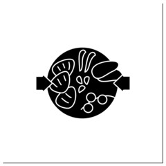 Healthy food glyph icon. Steaks with goulash sauce, sweet potatoes fries and vegetables on plate. Balanced nutrition. Small portion. Dash diet.Filled flat sign. Isolated silhouette vector illustration