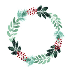 Winter green wreath with red berries. Hand painted watercolor.