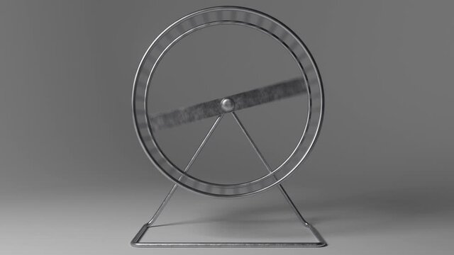 A seamless  loop-able  animation of a spinning hamster wheel made of metal on an isolated dark studio background