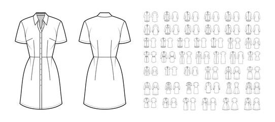 Set of Shirt Dresses technical fashion illustration with button closure, classic round flat collar, knee mini length skirt. Flat safari office apparel front, back, white color. Women men CAD mockup