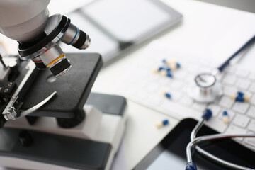 Modern microscope in biological laboratory for science investigations