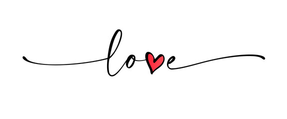 Love - continuous line cursive text. Lettering typography design with word love and doodle heart. Elegant vector print for t-shirt, poster, card, banner valentine day, wedding - obrazy, fototapety, plakaty