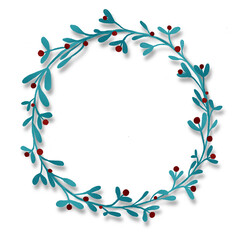 Blue Mistletoe Wreath for Christmas Illustration with shadow with red Berries on plain white background. Digital Illustration. 