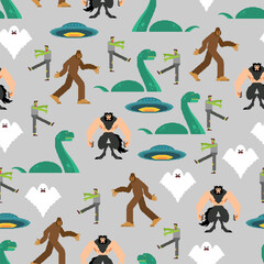 Paranormal pixel art pattern seamless. Werewolf and zombies 8 bit background. pixelated UFO and Yeti. Loch Ness monster and ghost. Retro computer game graphics texture