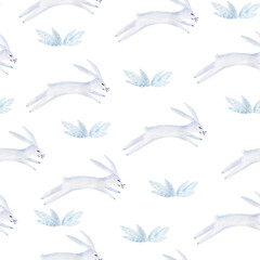 Sleeping white hare watercolor seamless pattern. Template for decorating designs and illustrations.