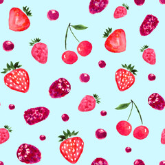 Seamless pattern with watercolor berries on blue background. Hand painted colorful illustration.