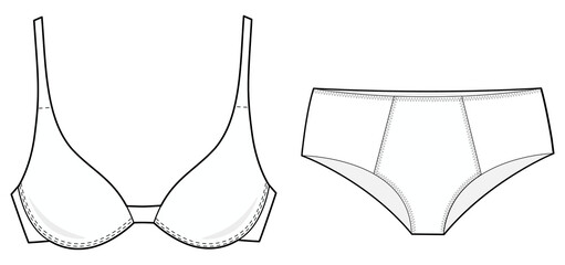 spacer bra and pantie women lingerie set template flat sketch vector illustration - obrazy, fototapety, plakaty