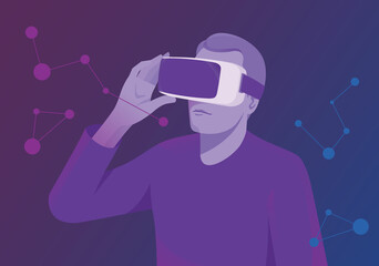 Man wearing virtual reality headset and looking at abstract sphere. Colorful vr world. Vector illustration