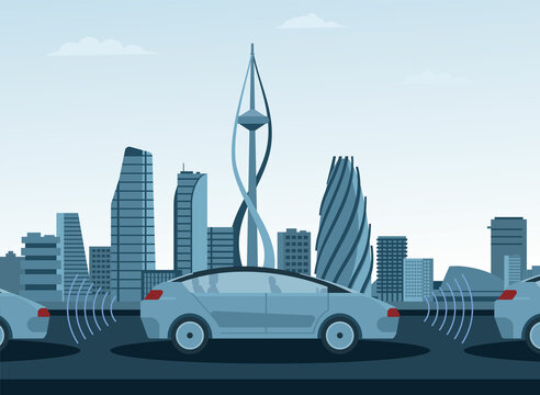 Autonomous driverless car vector illustration. Self drive smart sensor safety automated vehicle with icons and city background