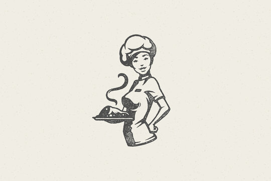 Smiling female chef in uniform and hat holding tray with steamy food hand drawn silhouette vector illustration