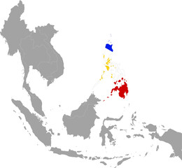 Map of Philippines with national flag inside the gray map of Southeast region of Asia