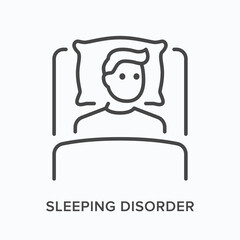 Sleeping disorder flat line icon. Vector outline illustration of man lying on bed. Black thin linear pictogram for insomnia