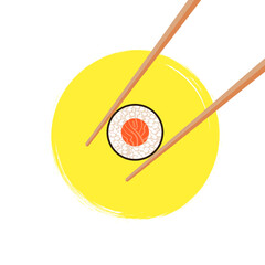 Chopsticks Holding Roll on Bright Yellow Circle Background, Sushi Concept.