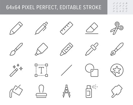 Drawing tool line icons. Vector illustration include icon - pencil, paintbrush, divider, magic wand, wax crayon, marker outline pictogram for stationery items. 64x64 Pixel Perfect, Editable Stroke