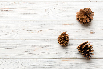 Christmas pine cones on colored paper border composition. Christmas, New Year, winter concept. Flat lay, top view, copy space