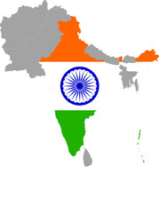 Map of India with national flag inside the gray map of South region of Asia