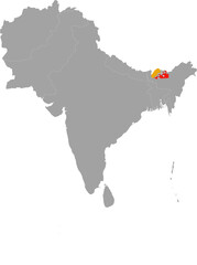 Map of Bhutan with national flag inside the gray map of South region of Asia