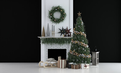 Christmas tree mock up decoration in the modern living room and black wall background
