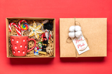 Handmade care package, seasonal gift box with candies, gingerbread, xmas decor Personalized eco friendly basket for family, friends, girl for thanksgiving, Christmas, mothers, fathers day Flat lay