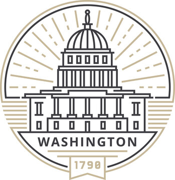 Linear Capitol Building in Washington against the background of the sun in the form of an emblem
