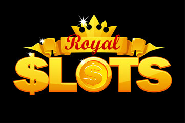 Royal slot logo, golden crown and ribbon for game of casino.