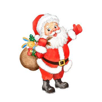 Santa Claus Watercolor illustration. Christmas Santa with a bag of gifts, picture for a Christmas card, Santa Christmas print 