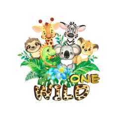 Jungle Safari One Wild Baby Animal Design. One wild party birthday. Leopard lettering. One Wild Sublimation Designs