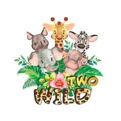 Jungle Safari Two Wild Baby Animal Design. Two wild party birthday.  Leopard lettering. Two wild sublimation design