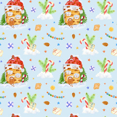 Watercolor Christmas winter seamless pattern. Winter cartoon house with fir trees and snow. Stick candy cane in a snowdrift with pine branches. Gifts, orange slice, pine cone and garland with balls.