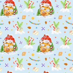 Watercolor Christmas winter seamless pattern. Winter cartoon house with fir trees and snow. Stick candy cane in a snowdrift with pine branches. Gifts, orange slice, pine cone and garland with balls.
