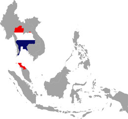 Map of Thailand with national flag inside the gray map of Southeast region of Asia