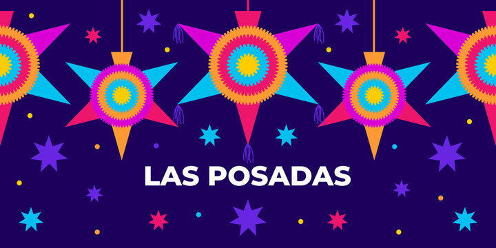 las posadas. Vector web banner, poster, card for social media, networks. Text las posadas, pinata mexican star on blue background. Hispanic tradition, chistmas selebration.