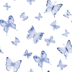 Obraz na płótnie Canvas Seamless botanical summer pattern with indigo blue watercolor butterflies