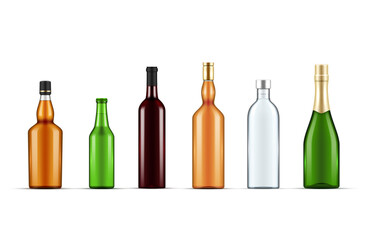 Different shapes alcohol bottles set realistic vector illustration. Transparent glass containers