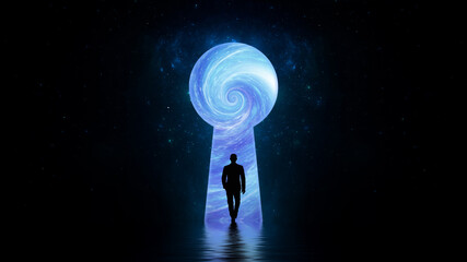 Keyhole man businessman goes to new opportunities cosmos space, portal way to success. Concept space of a man path to success