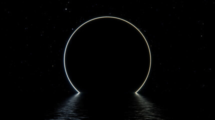 Space scene fantasy portal round gate, star sky neon portal cosmos reflected in water sea. Journey through space glowing portal gate 3D render © angel_nt
