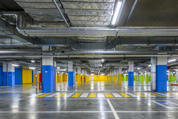 Underground parking of a commercial building.