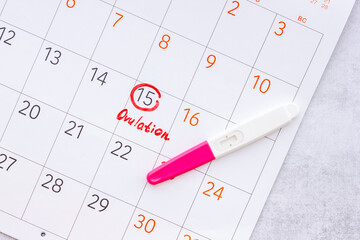 Ovulation day mark in calendar with ovulation home test