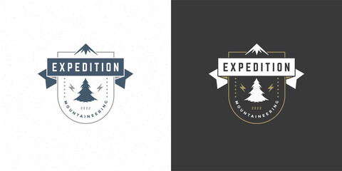 Forest camping logo emblem outdoor adventure leisure vector illustration mountain and pine tree silhouette