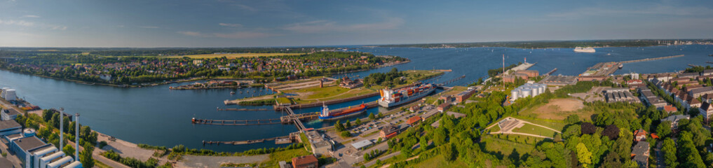 Aerial view of moored ships on the lock.Cargo ships pass the Holtenau lock of the Kiel Canal....