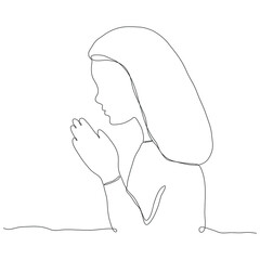Praying woman. One single line drawing  isolated on white background. Beautiful hand-drawn design vector illustration for posters, wall art, tote bag, mobile case, t-shirt print