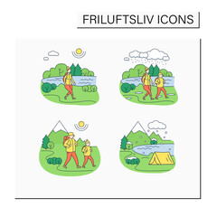Friluftsliv color icons. Family hiking. Green, eco tourism. Adventure tourism. Nature landscape. Nordic outdoor activities concept.Isolated vector illustrations