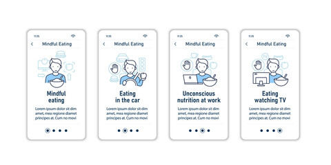 Mindful eating onboarding mobile app screens. Conscious, intuitive nutrition steps menu. Set of UI, UX, web template with RGB color linear icons