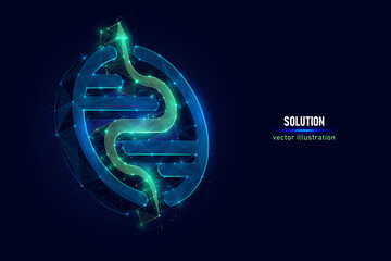 Labyrinth as symbol of business solution and tactic digital wireframe made of connected dots. Green arrow shows route through maze low poly vector illustration on blue background.