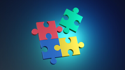 Colorful puzzle composition on blue background. 3D render illustration.